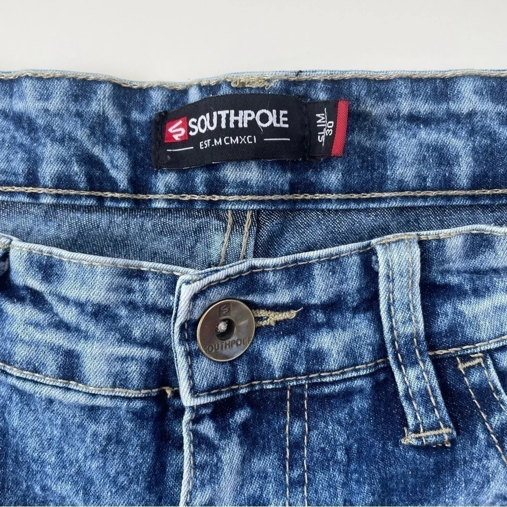 South Pole Men's Blue Acid Washed Slim Denim Jean Shorts Size 30